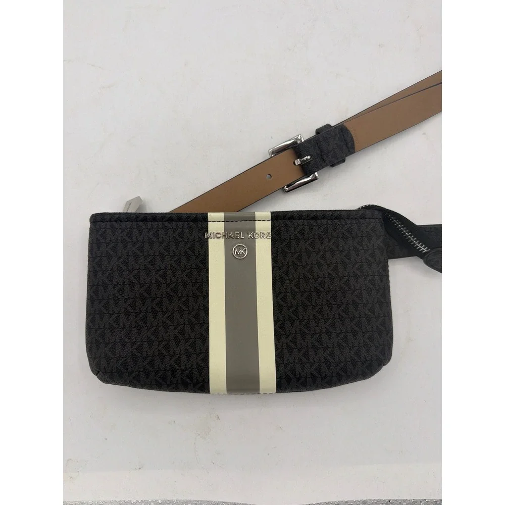 NWOT Michael Kors Signature Monogram Stripe Belt Bag Fanny Pack Black/Grey
